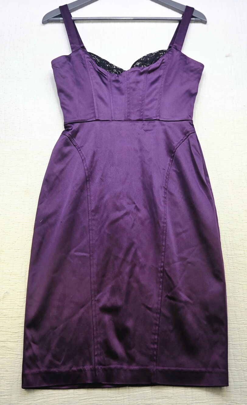 Purple Satin Cocktail Dress Size 6 with Black Lace Trim